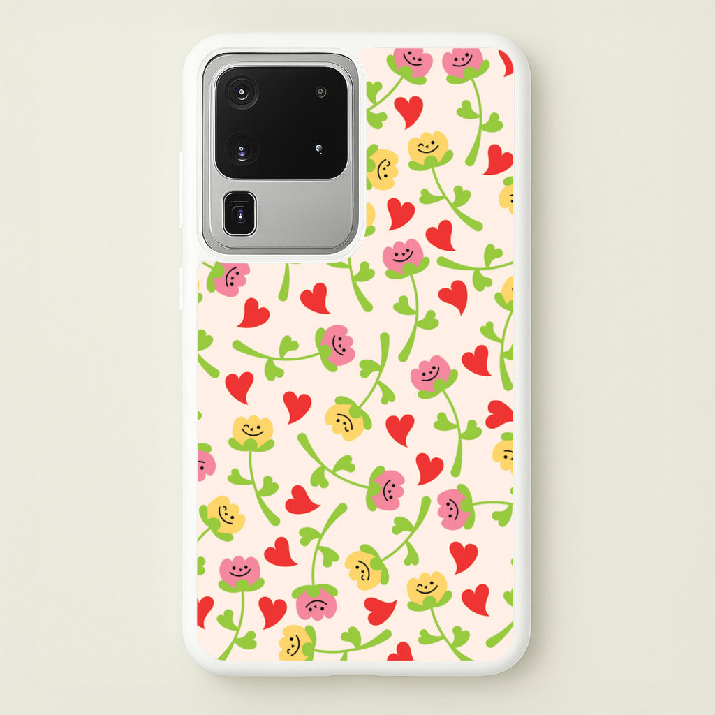 Smiley Tulips And Hearts Pattern - Floral Phone Case for Galaxy S20 Ultra