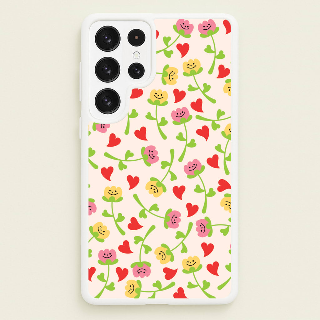 Smiley Tulips And Hearts Pattern - Floral Phone Case for Galaxy S23 Ultra