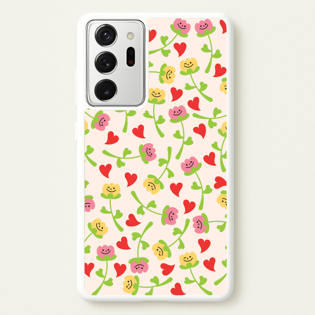 Smiley Tulips And Hearts Pattern - Floral Phone Case for Galaxy Note 20 Ultra