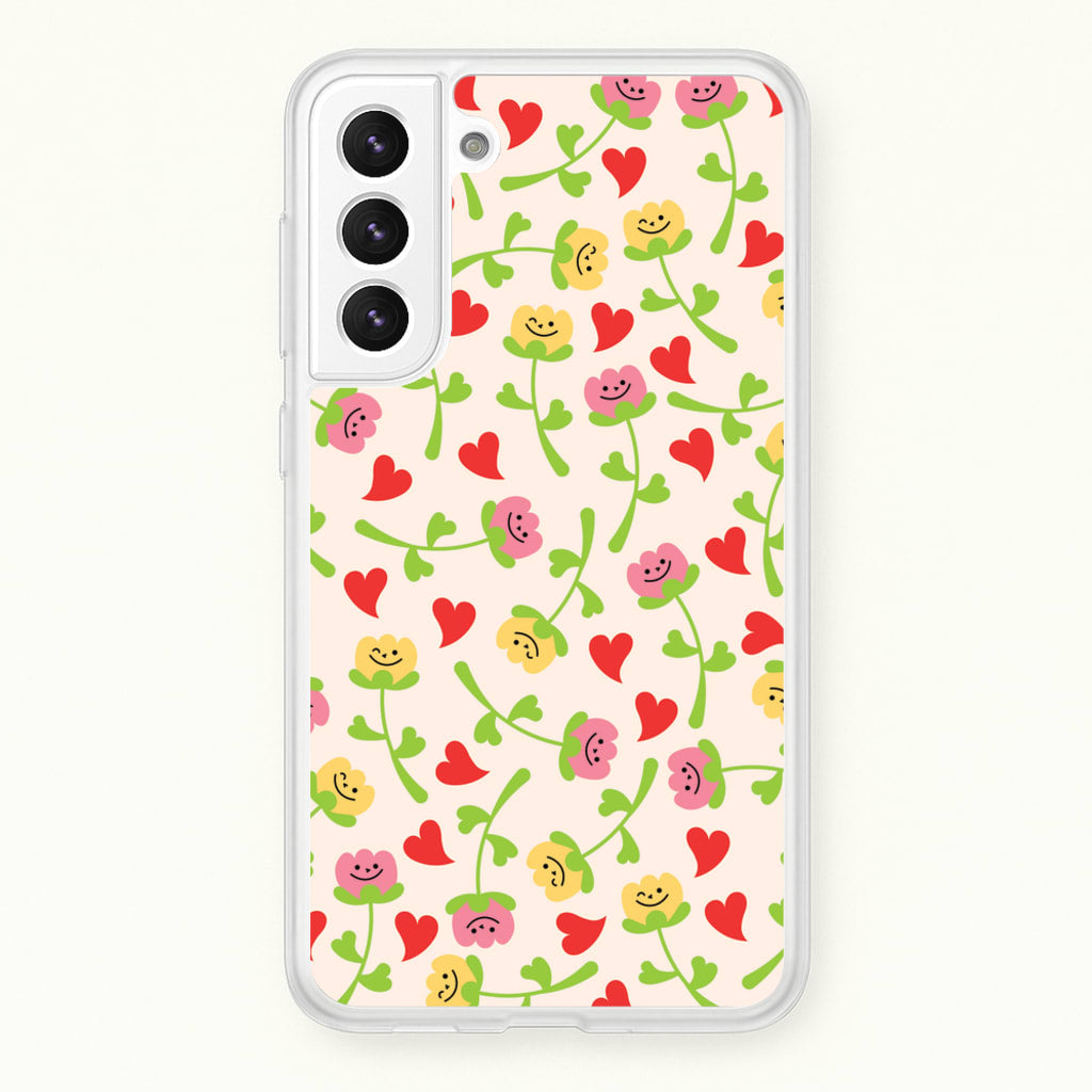 Smiley Tulips And Hearts Pattern - Floral Phone Case for Galaxy S22 Plus