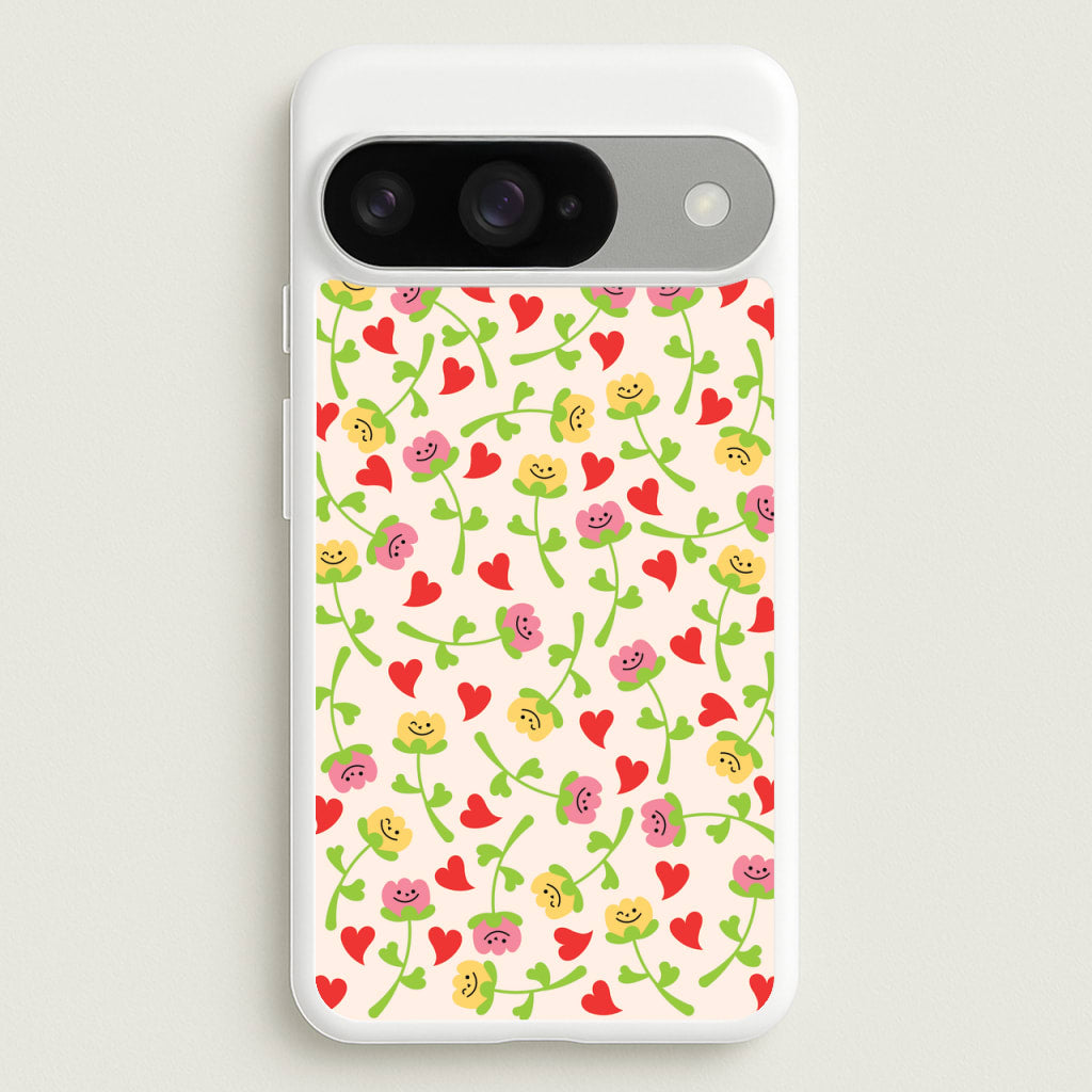 Smiley Tulips And Hearts Pattern Phone Case for Google Pixel 10 / 10 Pro