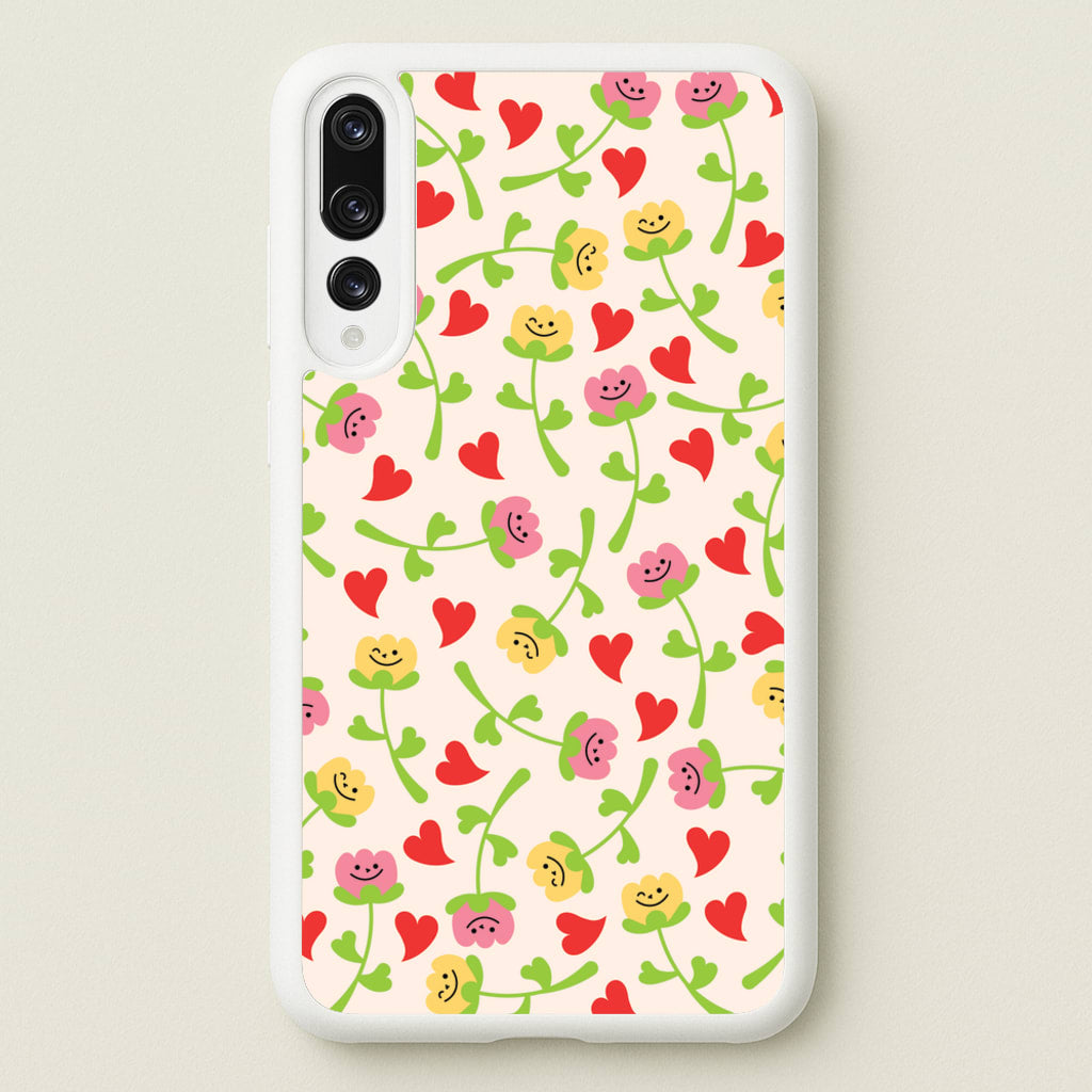 Smiley Tulips And Hearts Pattern - Floral Phone Case for Huawei P20 Pro