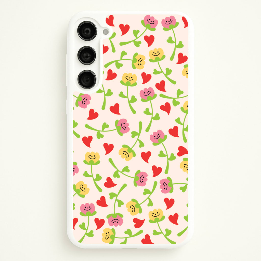Smiley Tulips And Hearts Pattern - Floral Phone Case for Galaxy S23 Plus
