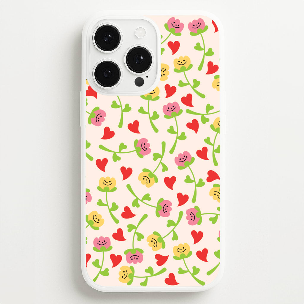 Smiley Tulips And Hearts Pattern - Floral Phone Case for iPhone 13 Pro Max