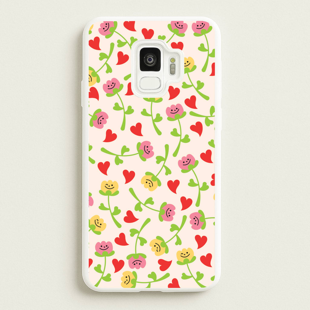 Smiley Tulips And Hearts Pattern - Floral Phone Case for Galaxy S9