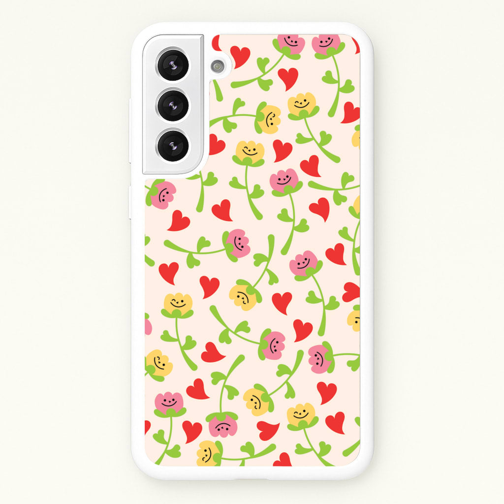 Smiley Tulips And Hearts Pattern - Floral Phone Case for Galaxy S21 Plus