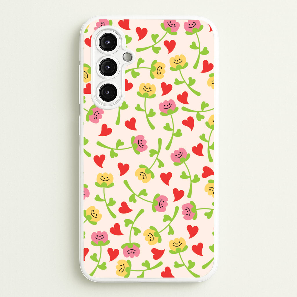 Smiley Tulips And Hearts Pattern - Floral Phone Case for Galaxy A14