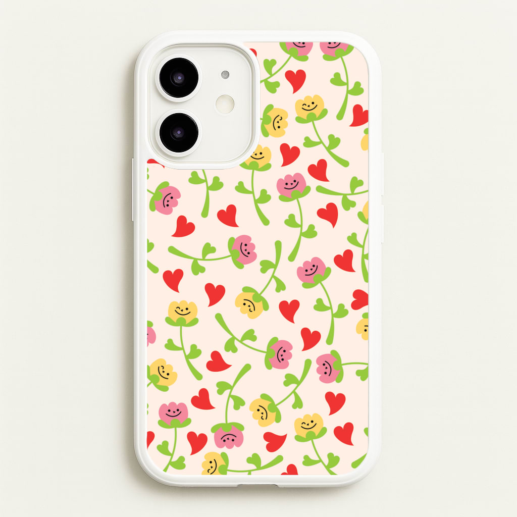 Smiley Tulips And Hearts Pattern - Floral Phone Case for iPhone 12 / 12 Pro