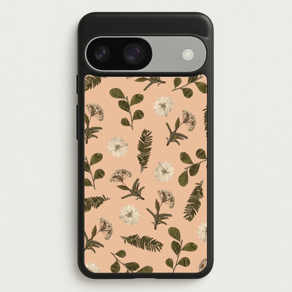 Leaves And Pressed Flowers Peach Pattern - Floral Phone Case for Google Pixel 9 / 9 Pro
