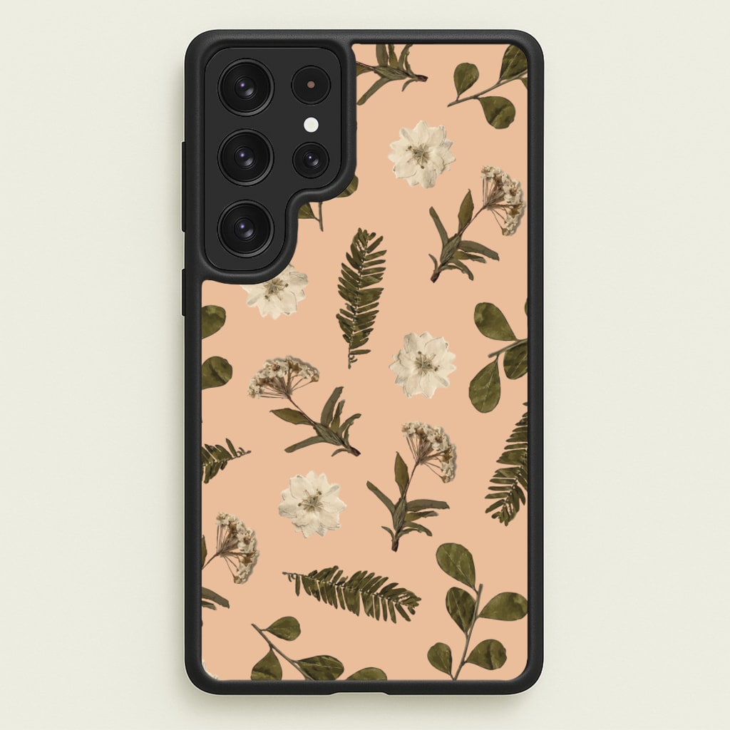 Leaves And Pressed Flowers Peach Pattern - Floral Phone Case for Galaxy S22 Ultra