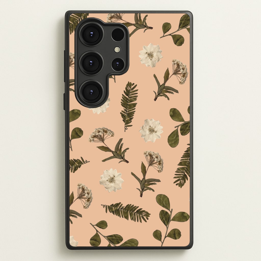 Leaves And Pressed Flowers Peach Pattern - Floral Phone Case for Galaxy S25 Ultra