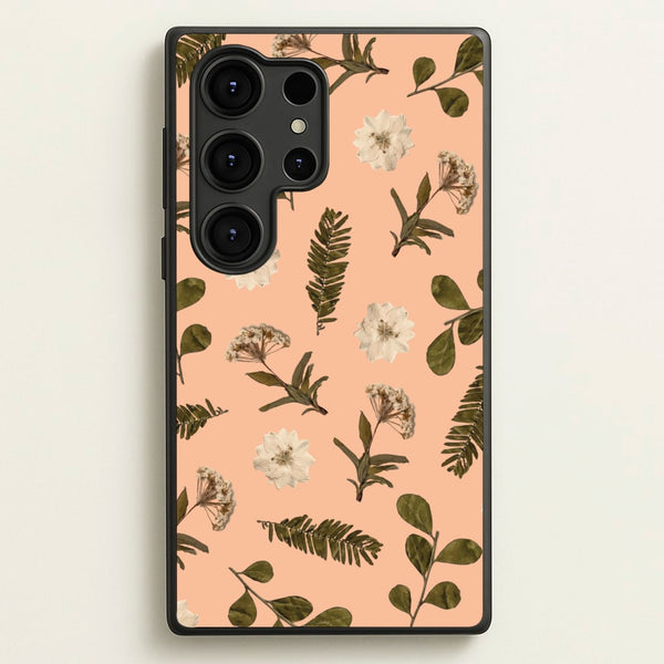 Leaves And Pressed Flowers Peach Pattern - Floral Phone Case for Galaxy S25 Ultra