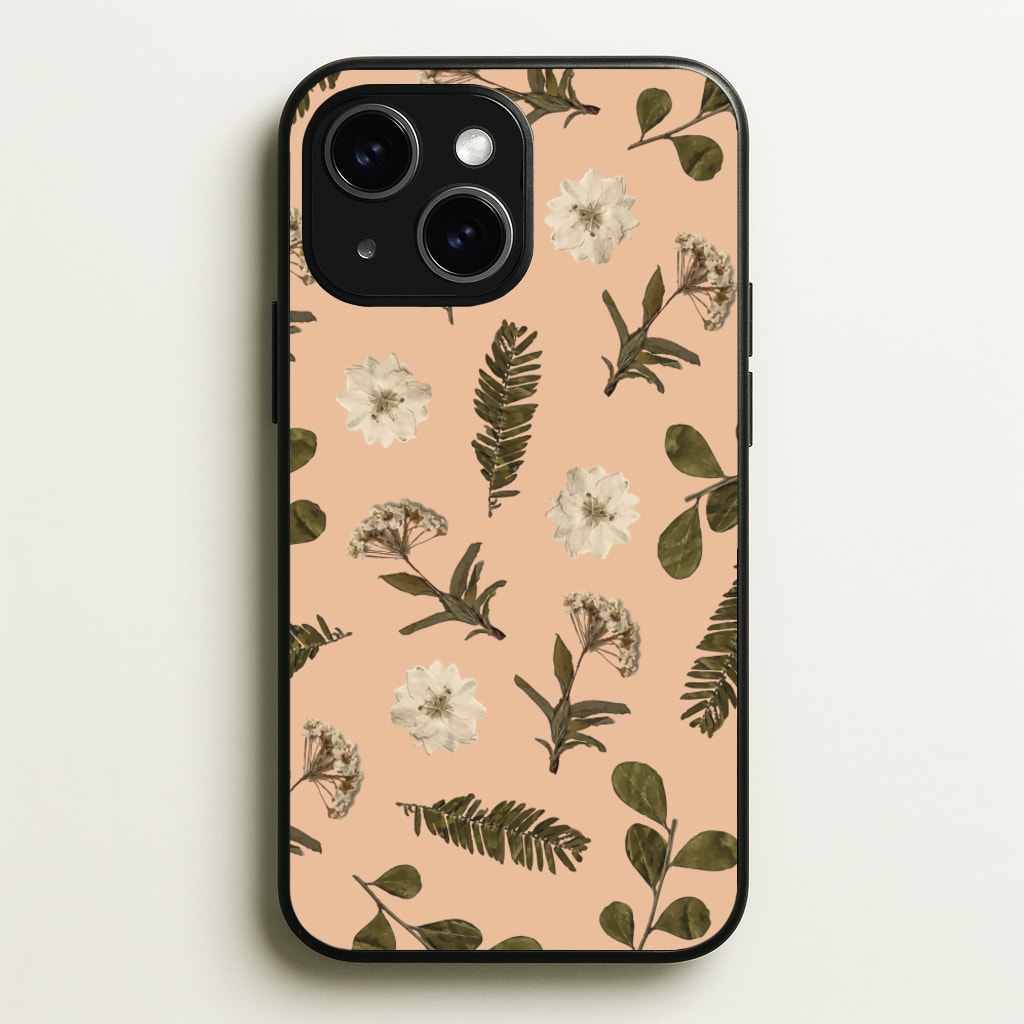 Leaves And Pressed Flowers Peach Pattern - Floral Phone Case for iPhone 15 Plus
