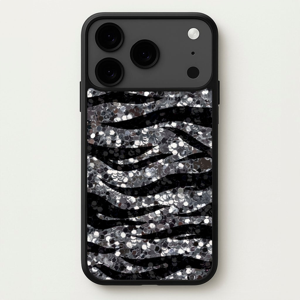 Silver Sequin Tiger Pattern Phone Case for iPhone 17 Pro