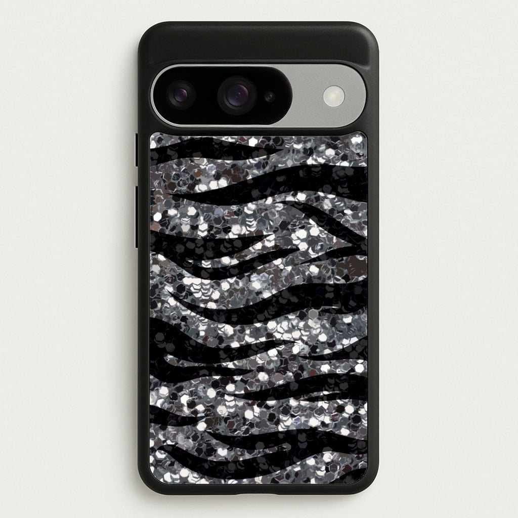 Silver Sequin Tiger Pattern Phone Case for Google Pixel 10 / 10 Pro