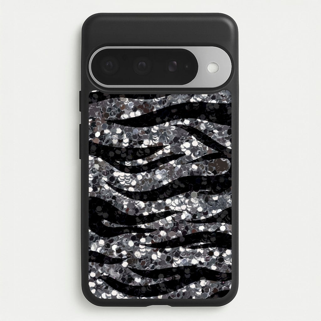 Silver Sequin Tiger Pattern Phone Case for Google Pixel 10 Pro XL