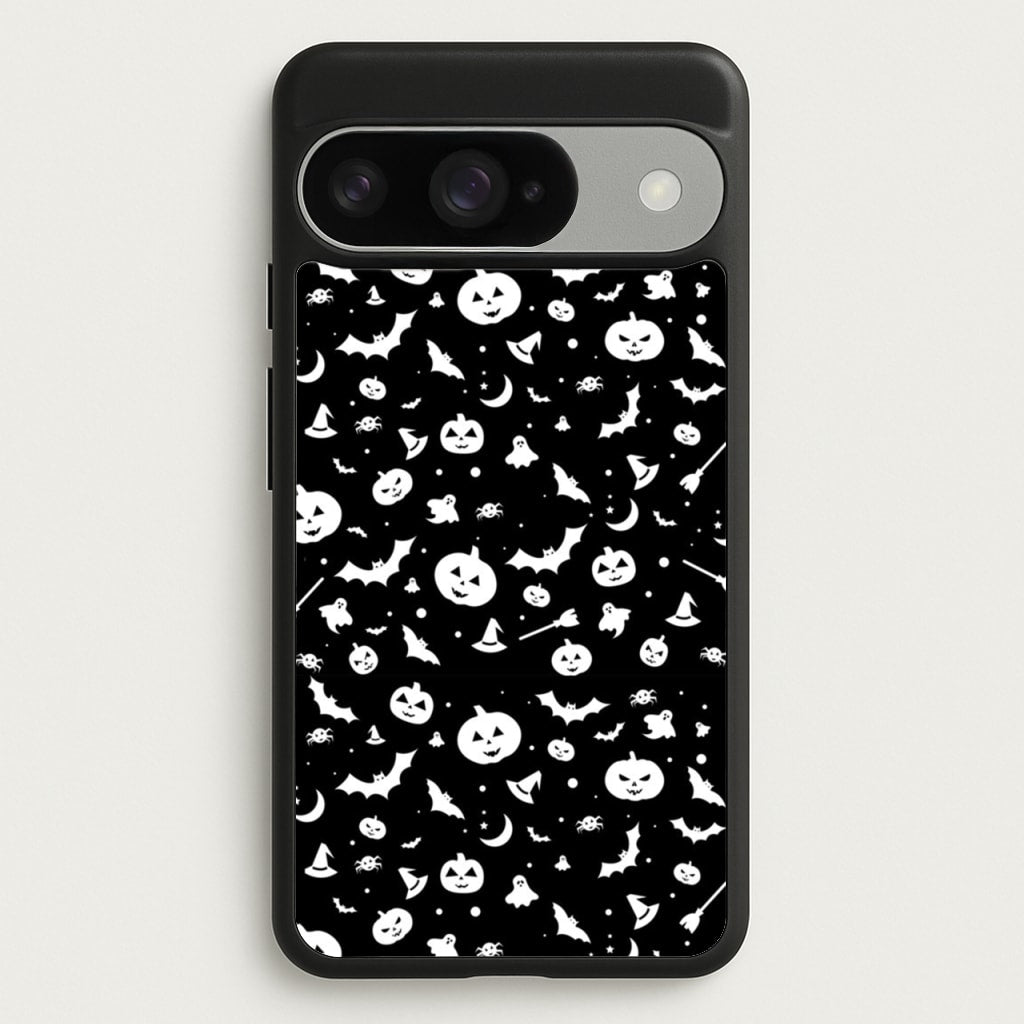 Black and White Halloween Pattern Phone Case for Google Pixel 10 / 10 Pro