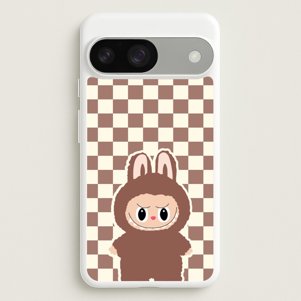 Checkered Cute Brown Monster - Plushy Phone Case for Google Pixel 9 / 9 Pro