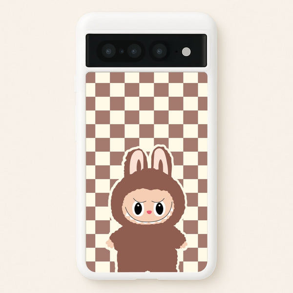 Checkered Cute Brown Monster - Plushy Phone Case for Google Pixel 7 Pro