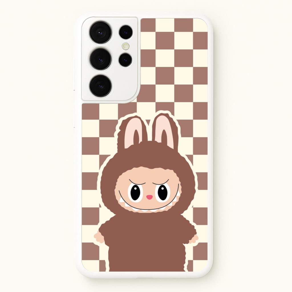 Checkered Cute Brown Monster - Plushy Phone Case for Galaxy S21 Ultra