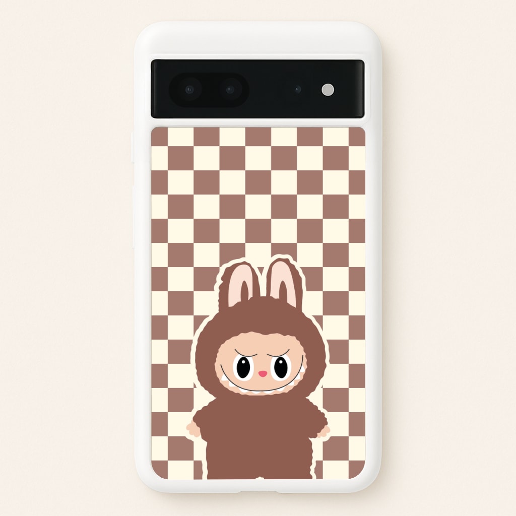 Checkered Cute Brown Monster - Plushy Phone Case for Google Pixel 7