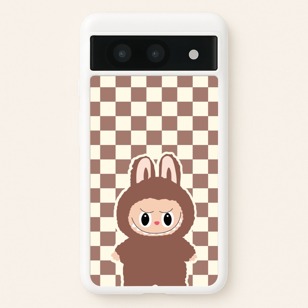 Checkered Cute Brown Monster - Plushy Phone Case for Google Pixel 8a