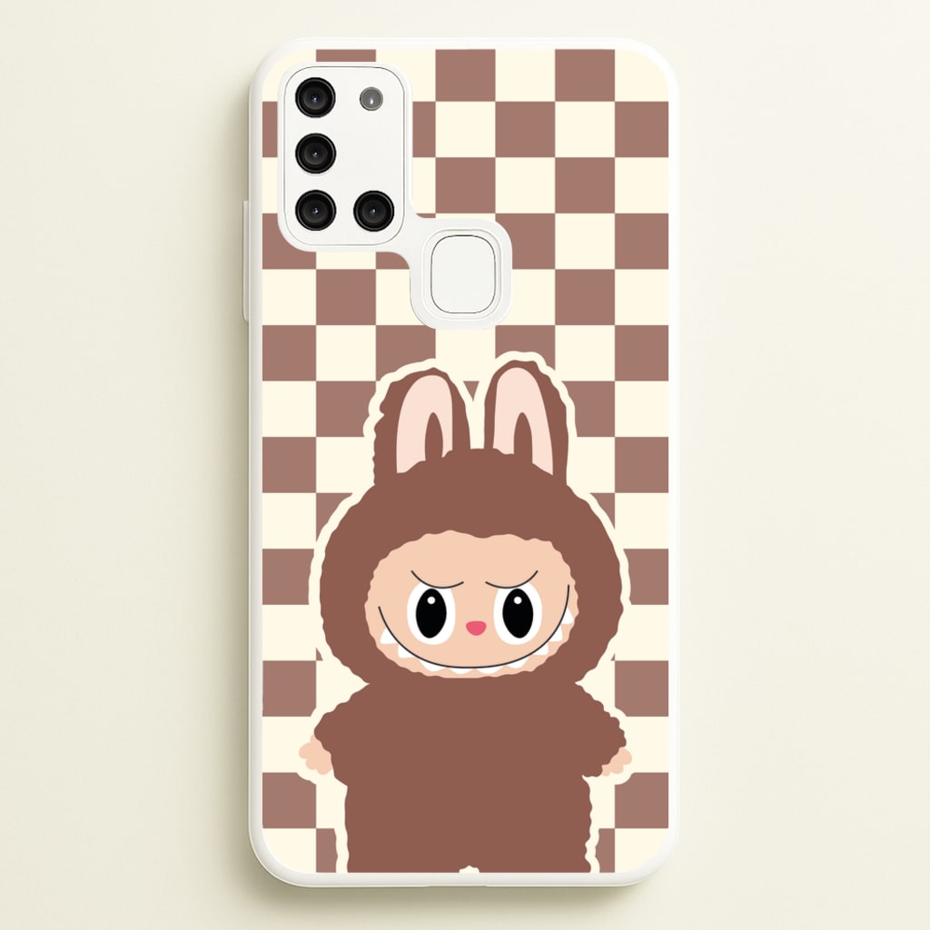 Checkered Cute Brown Monster - Plushy Phone Case for Galaxy A21s