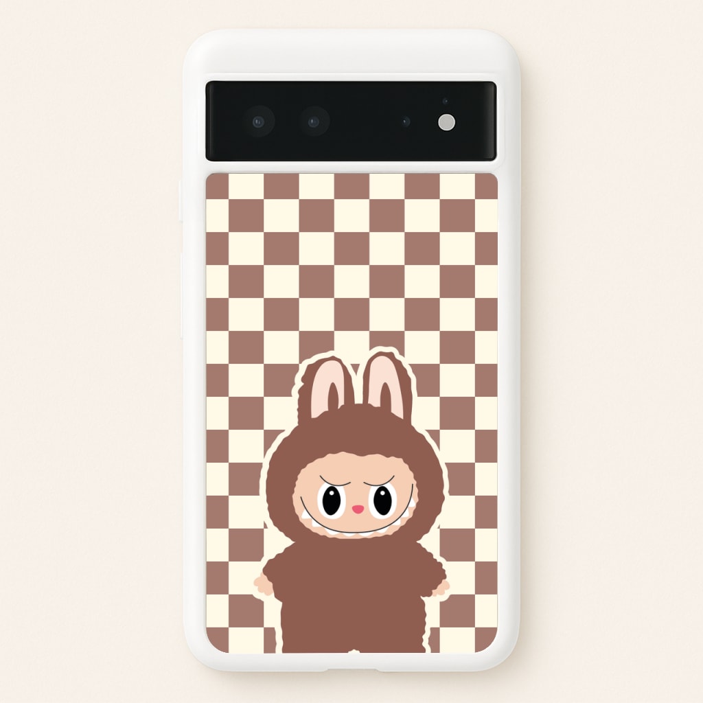 Checkered Cute Brown Monster - Plushy Phone Case for Google Pixel 6