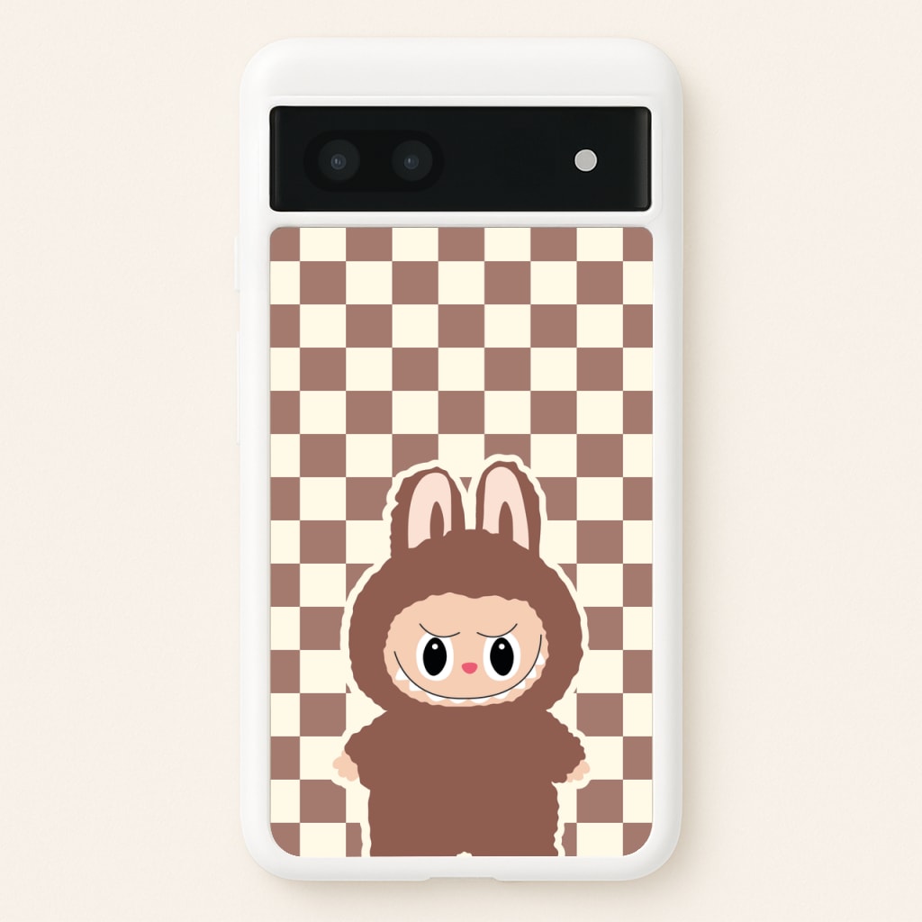 Checkered Cute Brown Monster - Plushy Phone Case for Google Pixel 6a