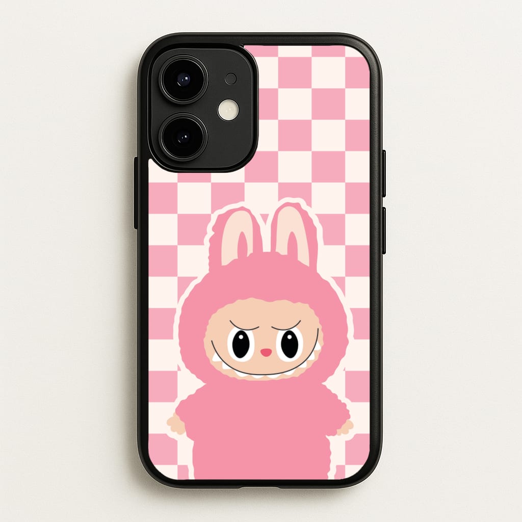 Checkered Cute Pink Monster - Plushy Phone Case for iPhone 12 / 12 Pro