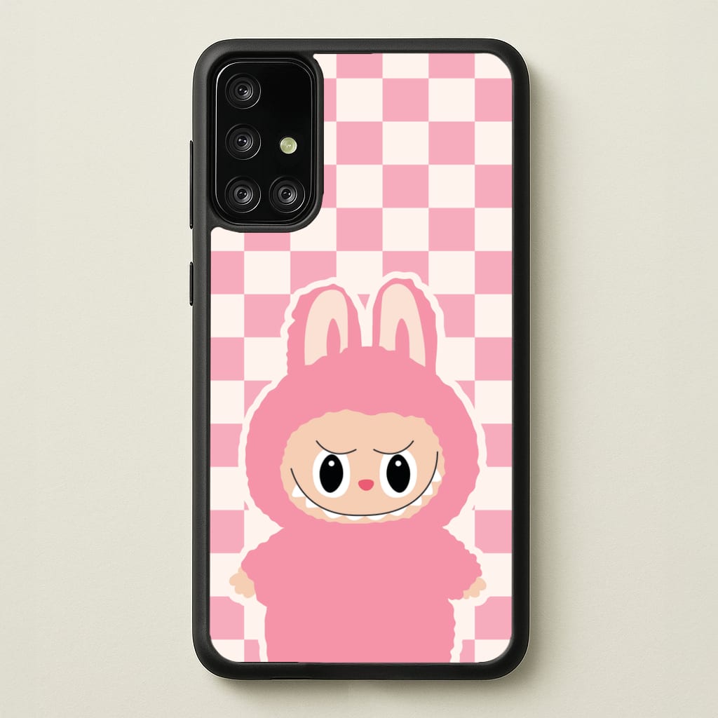 Checkered Cute Pink Monster - Plushy Phone Case for Galaxy A71