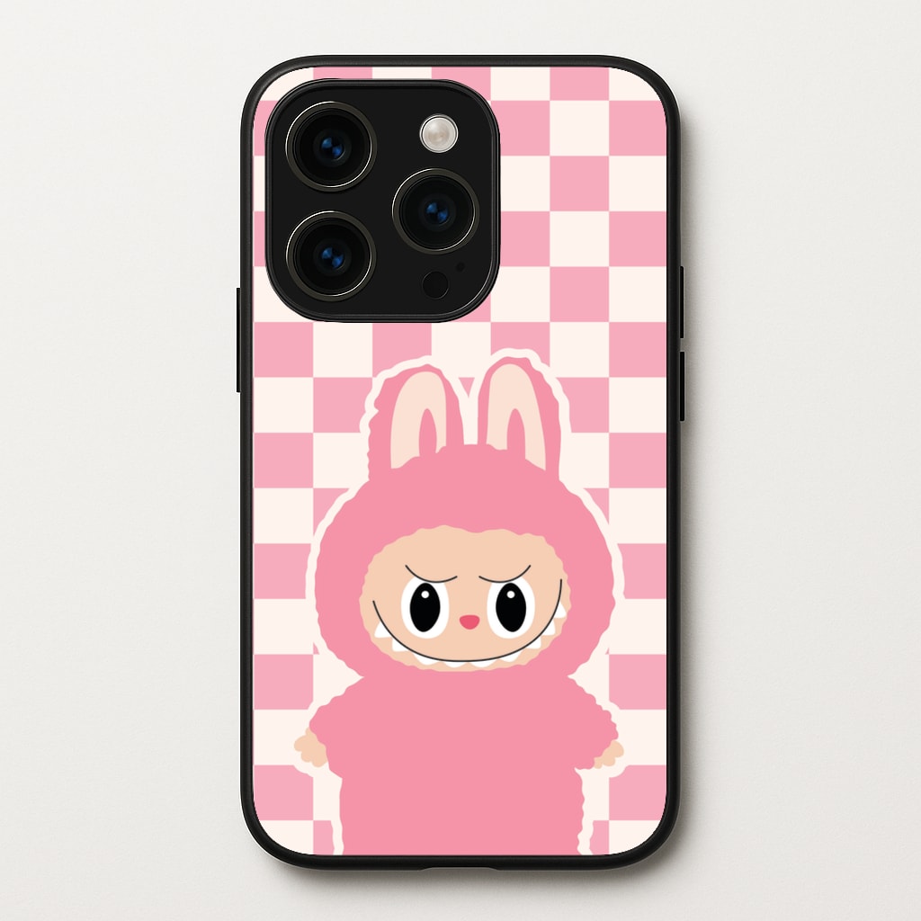 Checkered Cute Pink Monster - Plushy Phone Case for iPhone 15 Pro