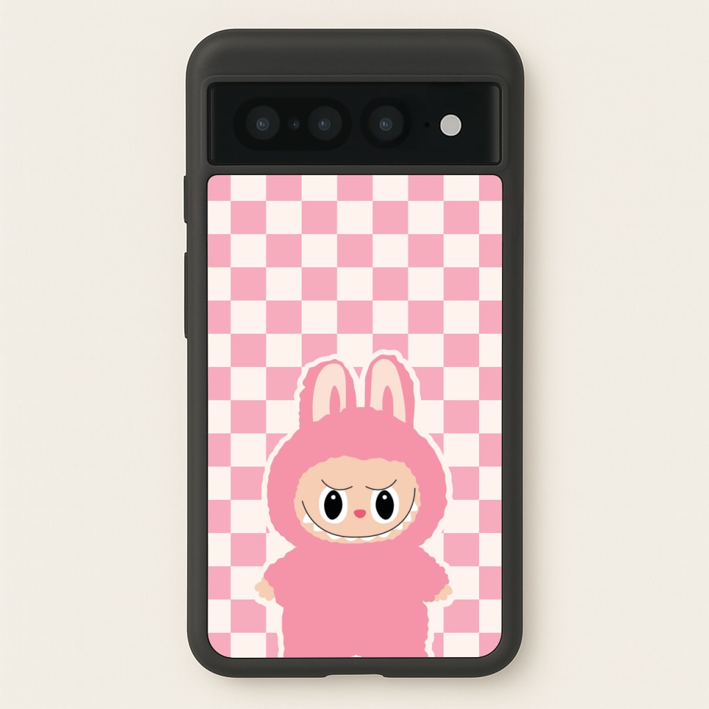 Checkered Cute Pink Monster - Plushy Phone Case for Google Pixel 7 Pro