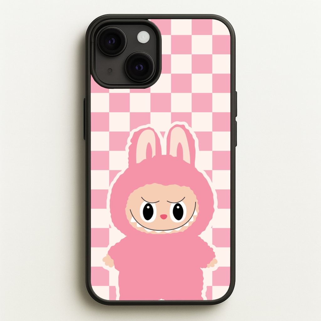 Checkered Cute Pink Monster - Plushy Phone Case for iPhone 13 Mini