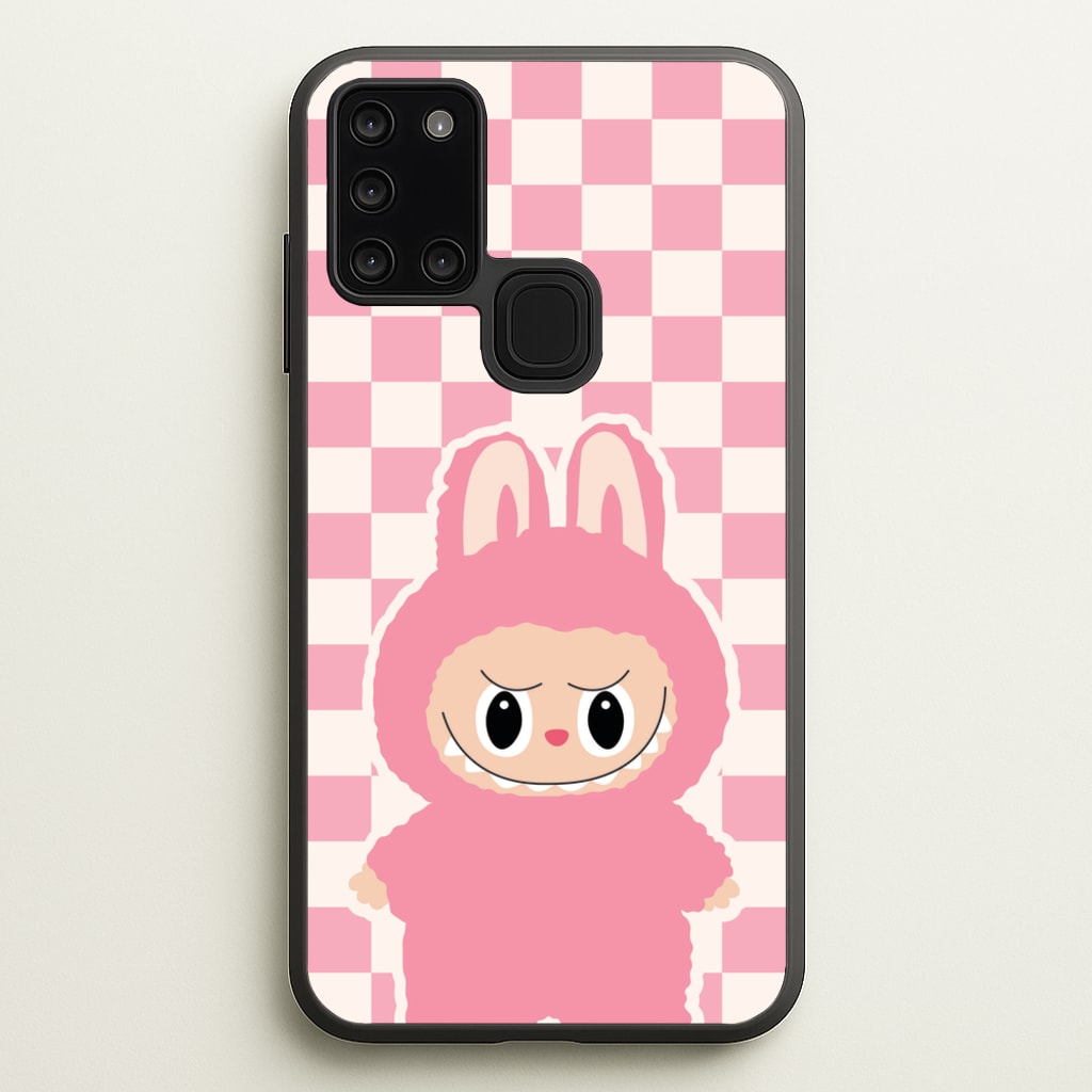Checkered Cute Pink Monster - Plushy Phone Case for Galaxy A21s