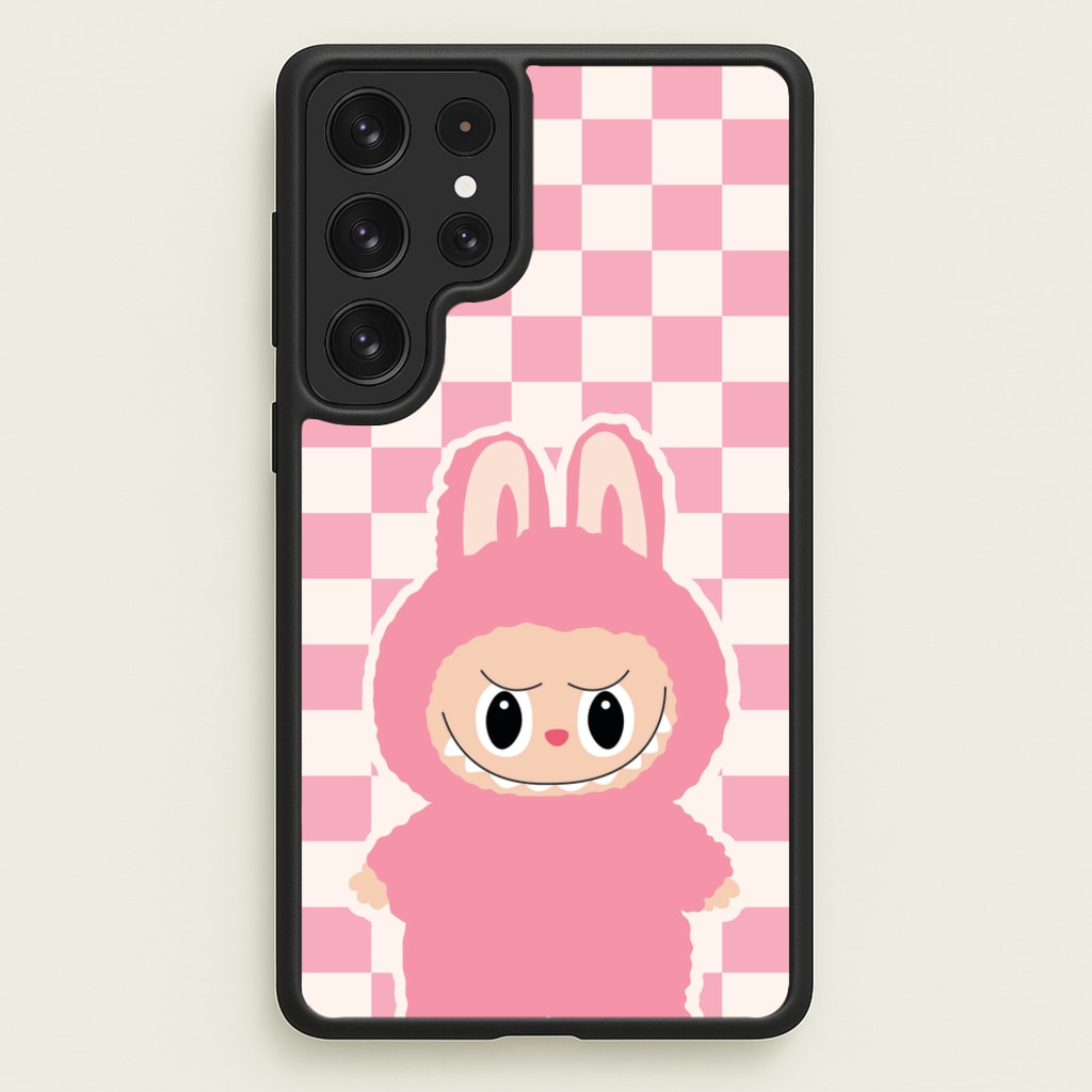 Checkered Cute Pink Monster - Plushy Phone Case for Galaxy S22 Ultra