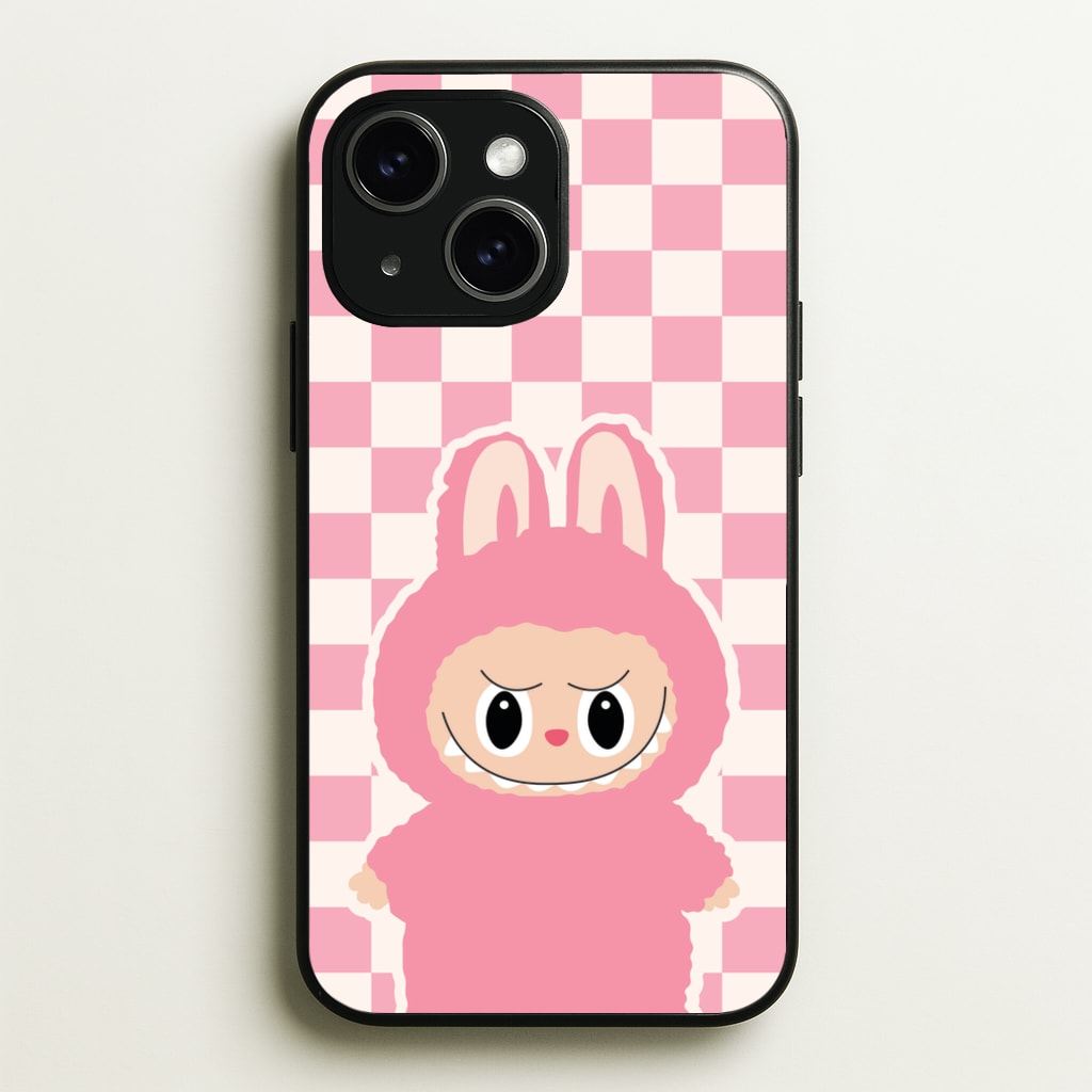 Checkered Cute Pink Monster - Plushy Phone Case for iPhone 15