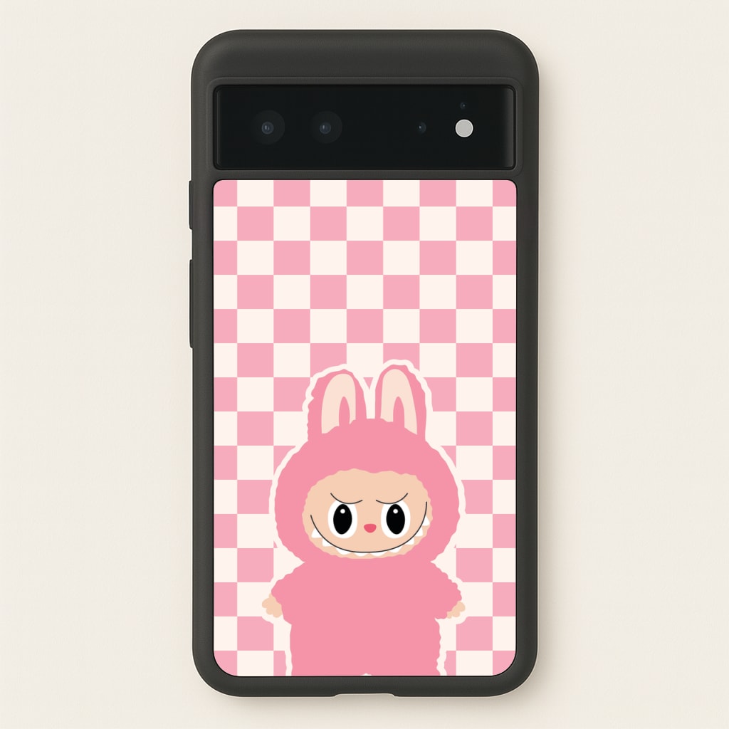 Checkered Cute Pink Monster - Plushy Phone Case for Google Pixel 6