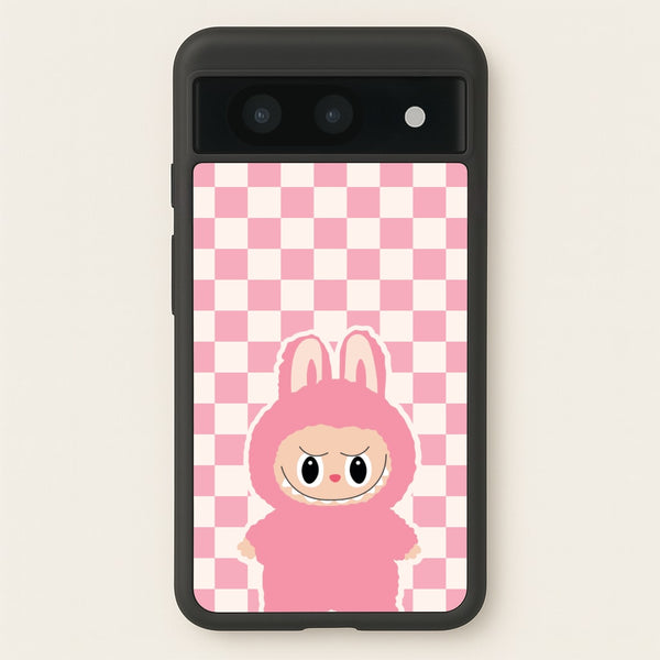 Checkered Cute Pink Monster - Plushy Phone Case for Google Pixel 8a