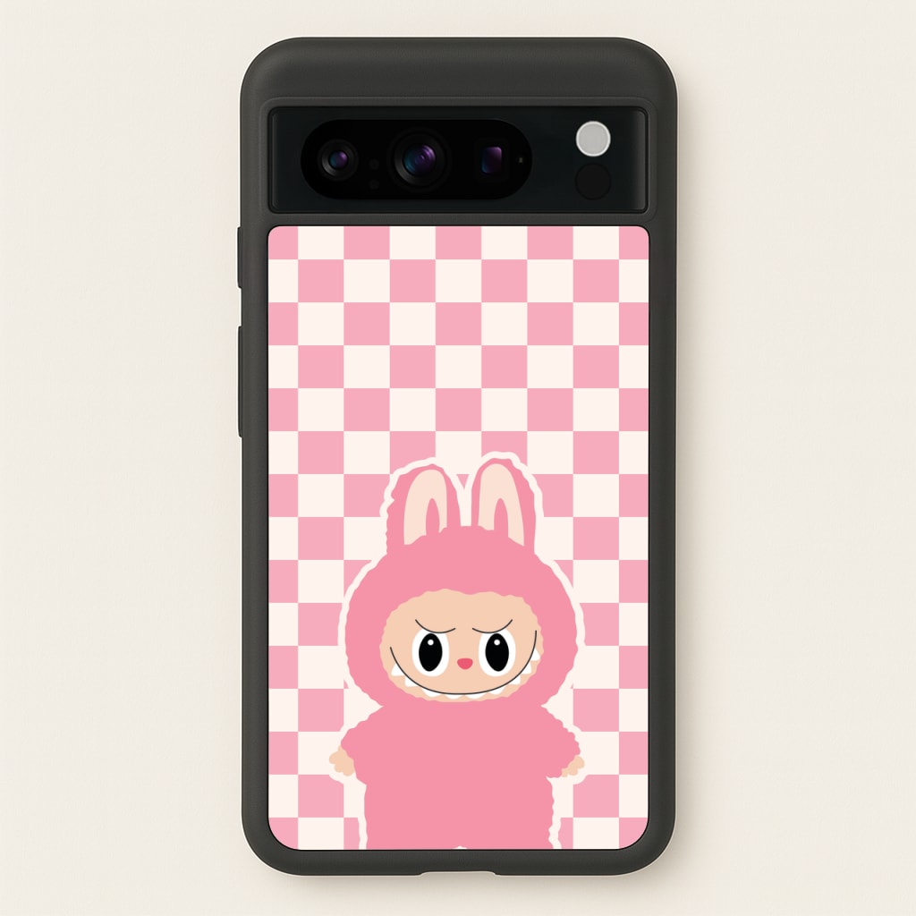 Checkered Cute Pink Monster - Plushy Phone Case for Google Pixel 8 Pro