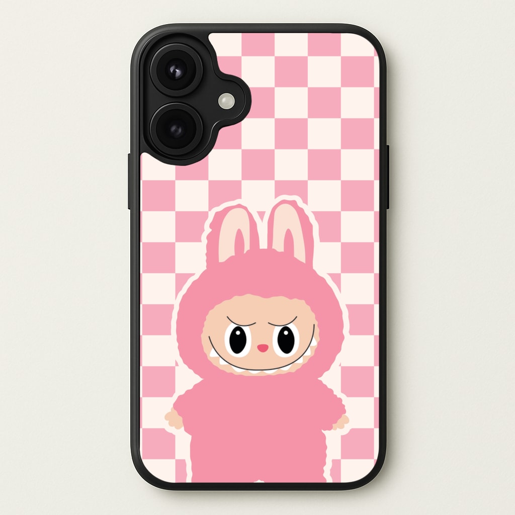 Checkered Cute Pink Monster Phone Case for iPhone 17