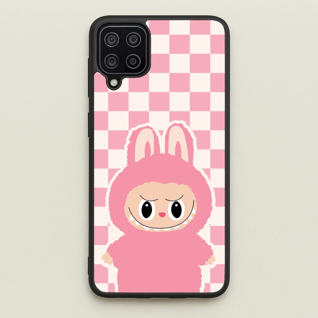 Checkered Cute Pink Monster - Plushy Phone Case for Galaxy A12