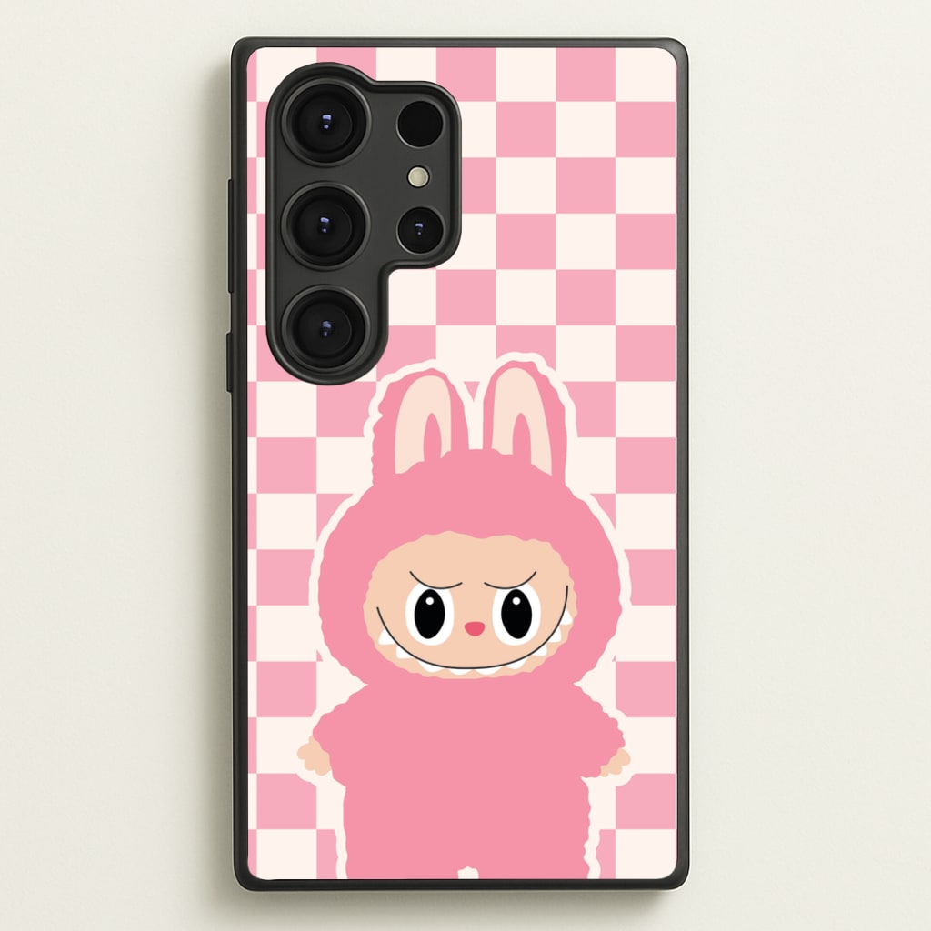 Checkered Cute Pink Monster - Plushy Phone Case for Galaxy S25 Ultra