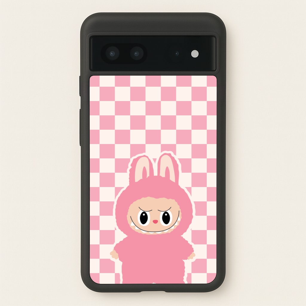 Checkered Cute Pink Monster - Plushy Phone Case for Google Pixel 7