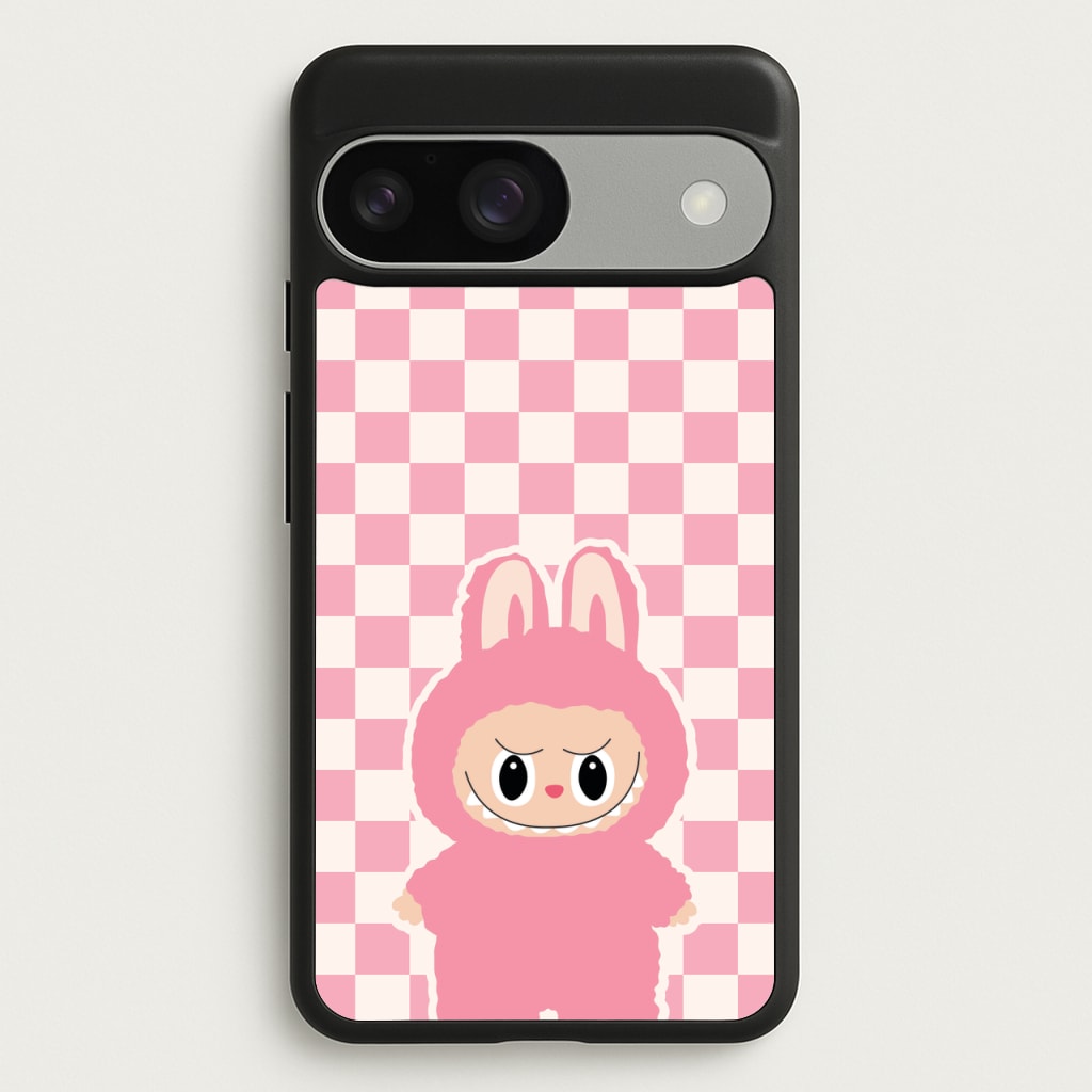 Checkered Cute Pink Monster - Plushy Phone Case for Google Pixel 9 / 9 Pro