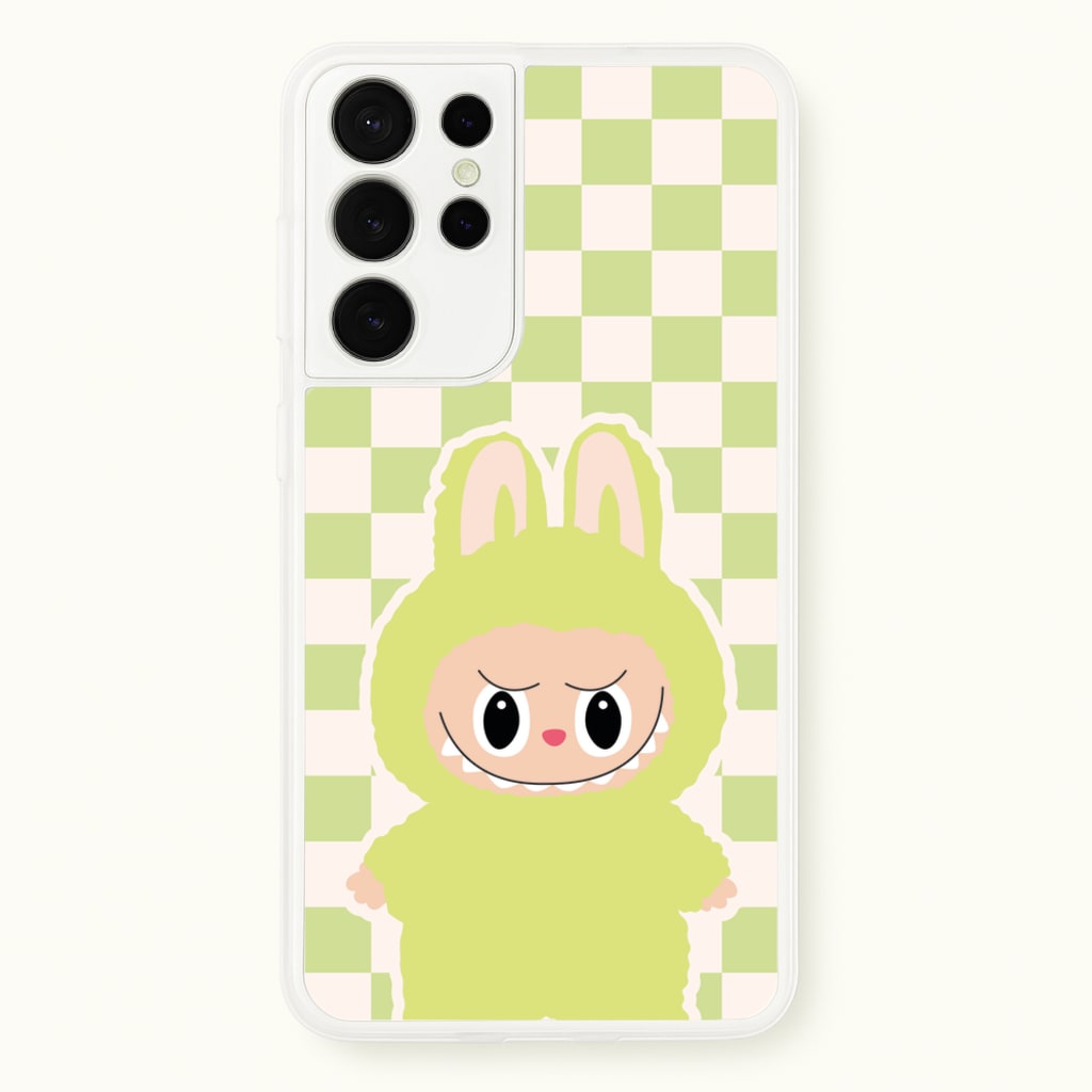 Checkered Cute Green Monster - Plushy Phone Case for Galaxy S21 Ultra