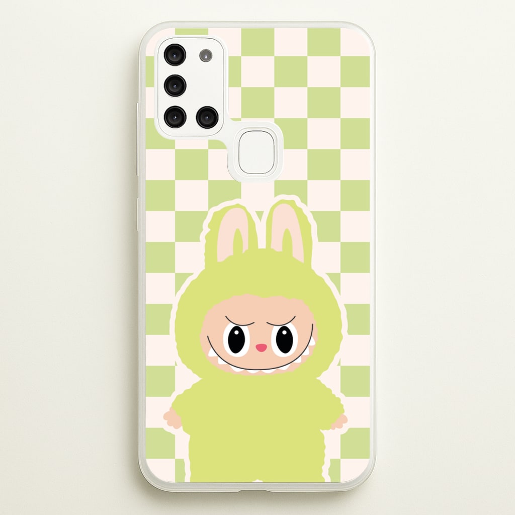 Checkered Cute Green Monster - Plushy Phone Case for Galaxy A21s