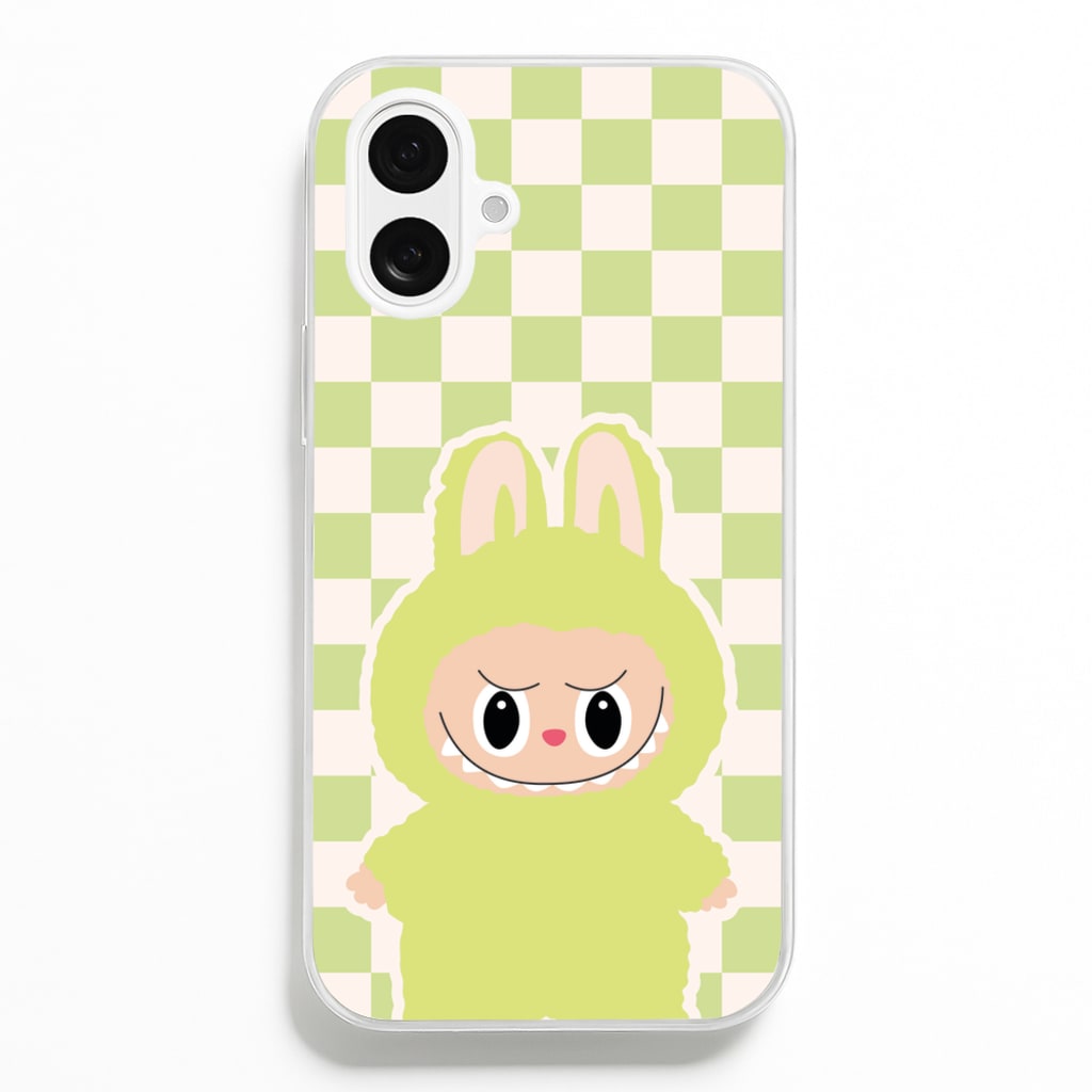 Checkered Cute Green Monster - Plushy Phone Case for iPhone 16 Plus