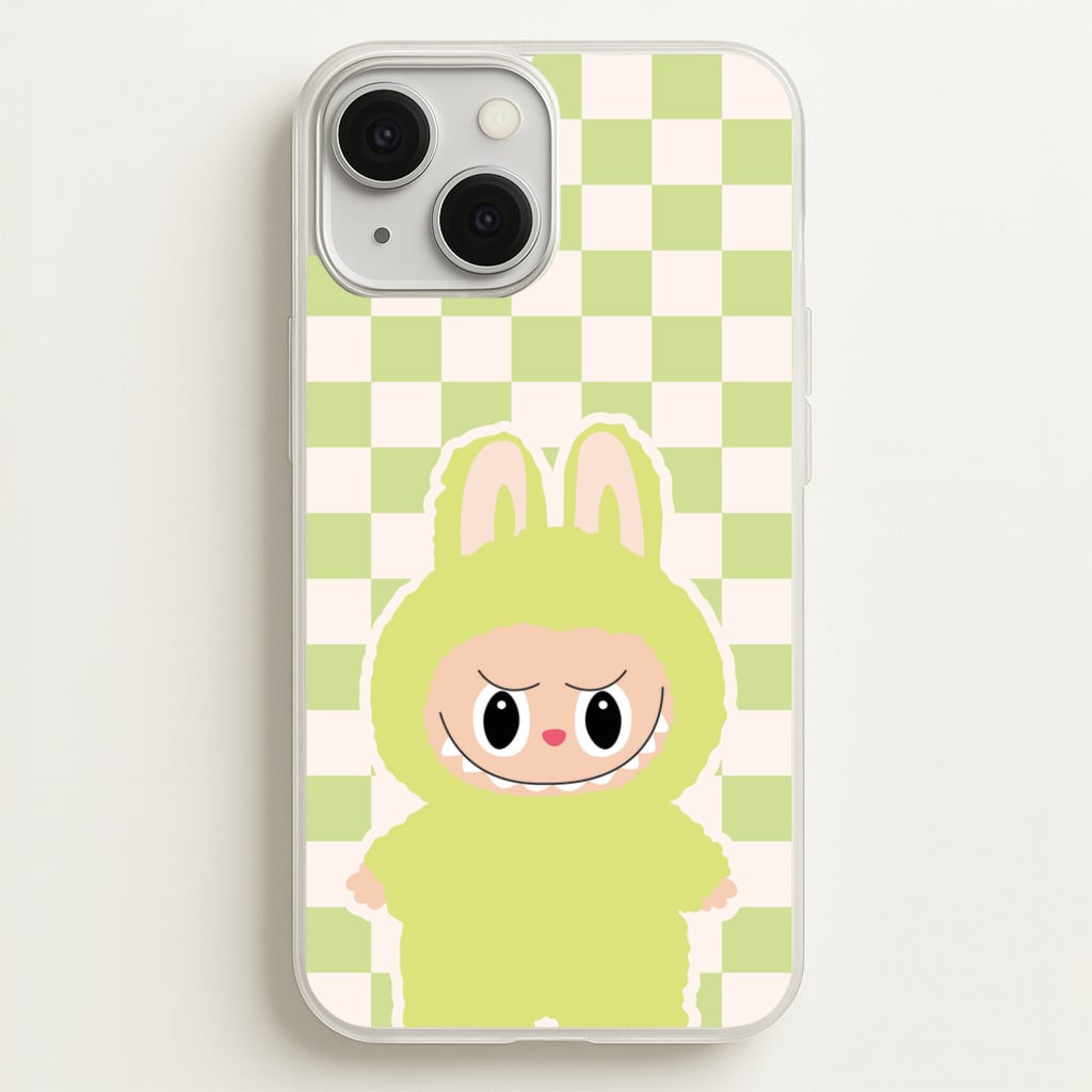 Checkered Cute Green Monster - Plushy Phone Case for iPhone 13 Mini