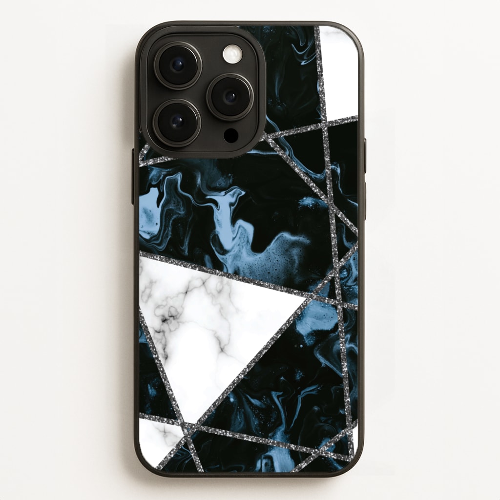 Dark Blue Marble And Silver Collage - Marble Phone Case for iPhone 16 Pro Max